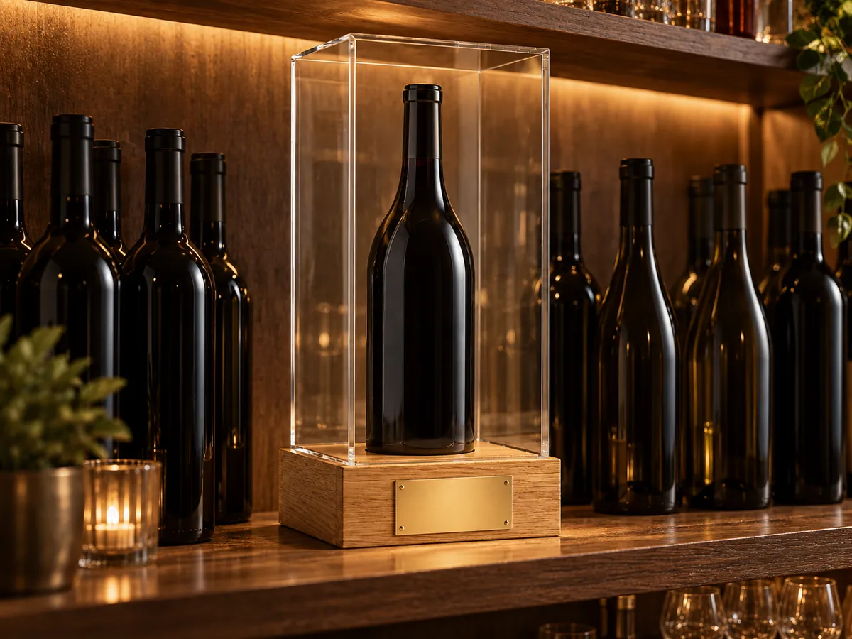 Acrylic bottle case on an oak base standing on a back-bar shelf among unlabelled bottles — AI concept