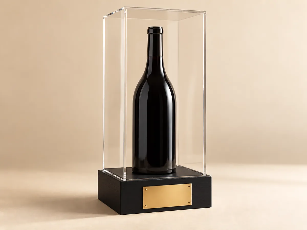 Clear acrylic bottle case on a matt black painted base with a blank brass plate — AI concept