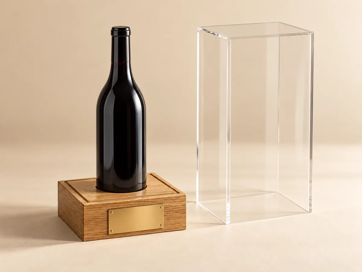 Clear acrylic cover lifted off a solid oak base, showing the groove and a single unlabelled bottle — AI concept