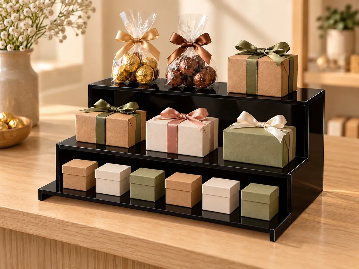 Black acrylic three-step riser with small gift boxes and gold-wrapped chocolates on an oak counter — AI concept