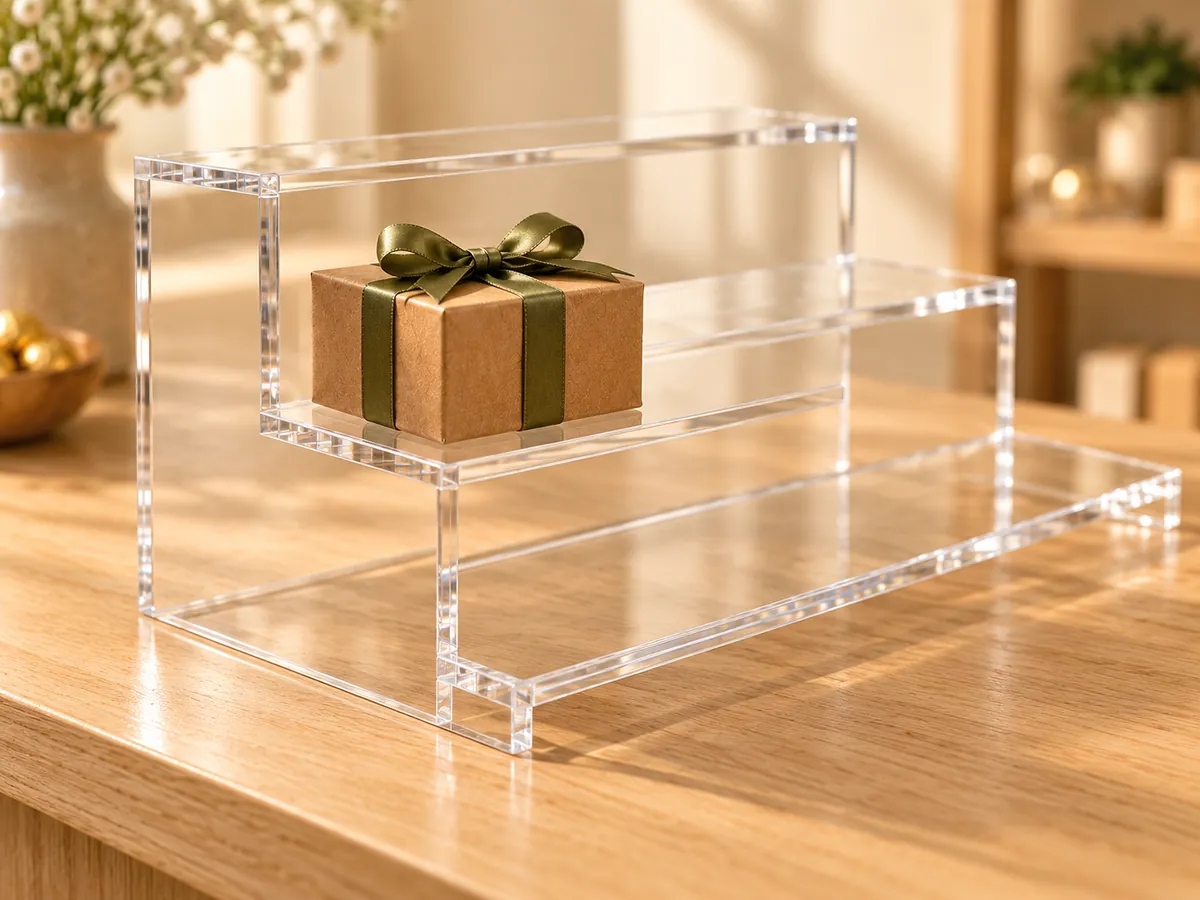 Close-up of a clear acrylic riser end showing polished edges and joints on an oak counter — AI concept