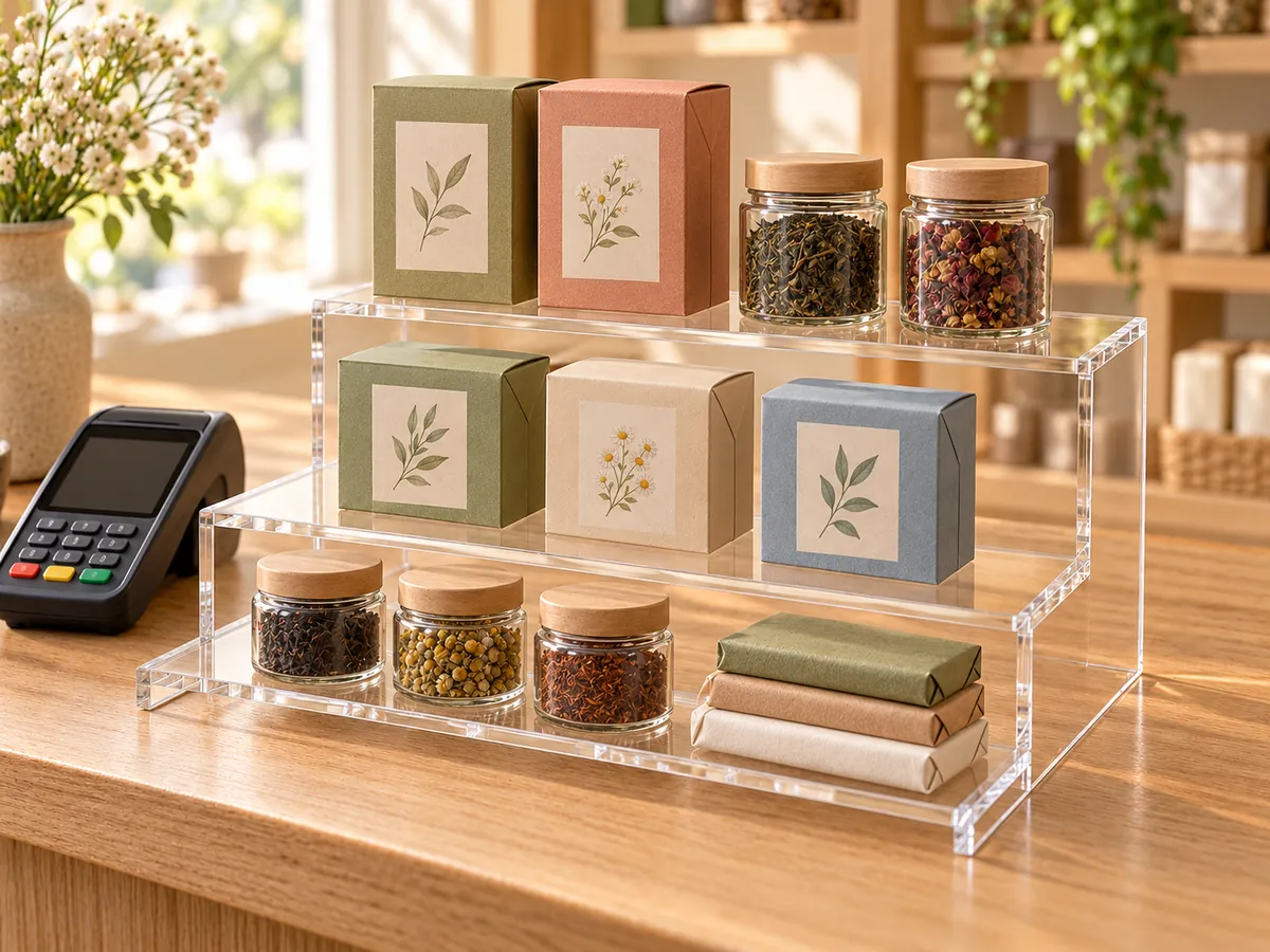 Clear acrylic riser holding boxed teas, small jars and wrapped bars on a gift-shop counter — AI concept