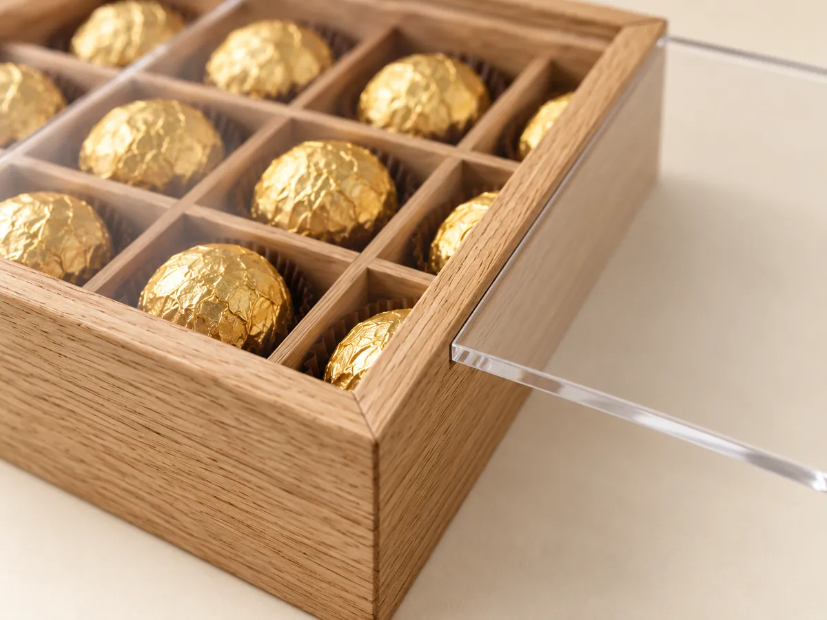 Oak gift box with its clear acrylic lid half open, showing the groove and the wrapped chocolates — AI concept