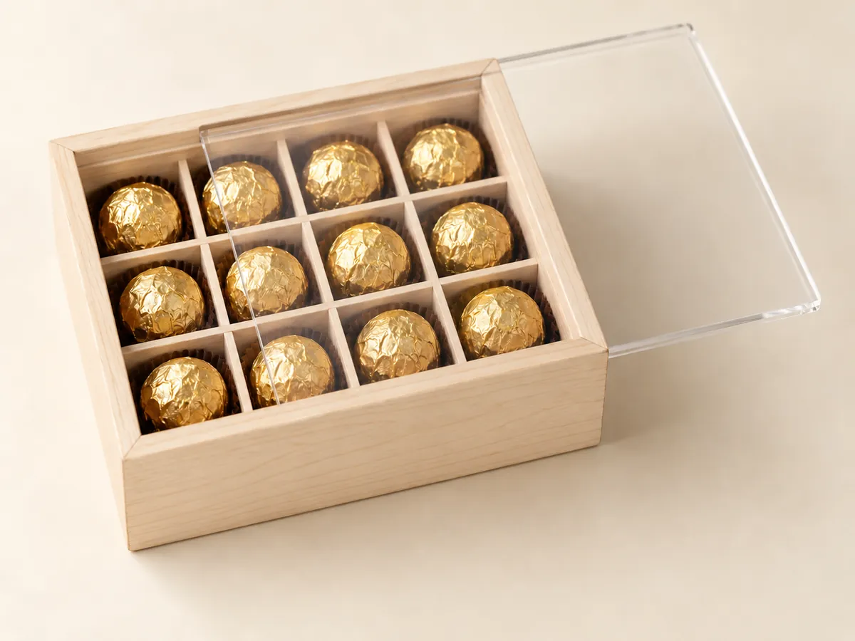 Pale maple gift box with a clear acrylic lid over gold-wrapped chocolates in a divider grid — AI concept