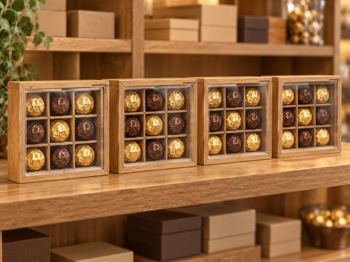 Row of oak gift boxes with clear acrylic lids showing wrapped chocolates on a shop shelf — AI concept