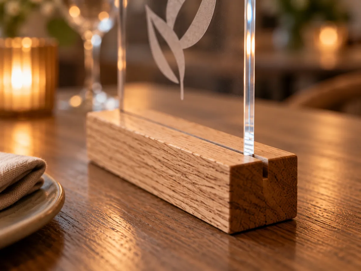 Close-up of a clear acrylic panel standing in the slot of a solid oak base — AI concept