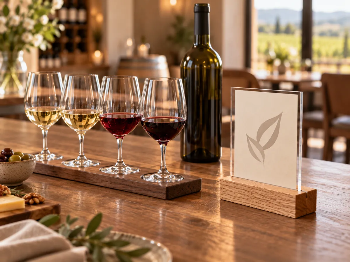 Acrylic table sign in an oak base beside a flight of wine glasses on a tasting table — AI concept