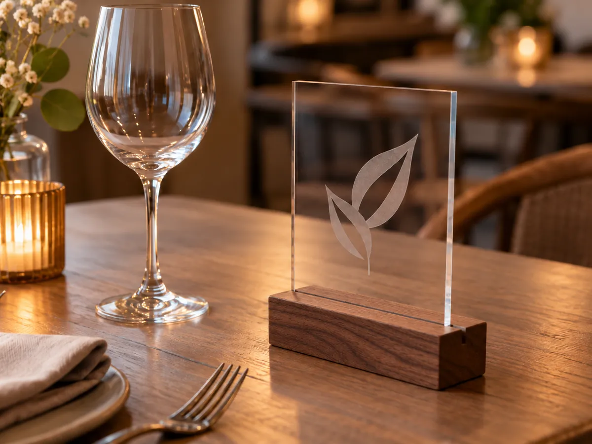 Clear acrylic table sign with an engraved leaf mark in a walnut base on a café table — AI concept