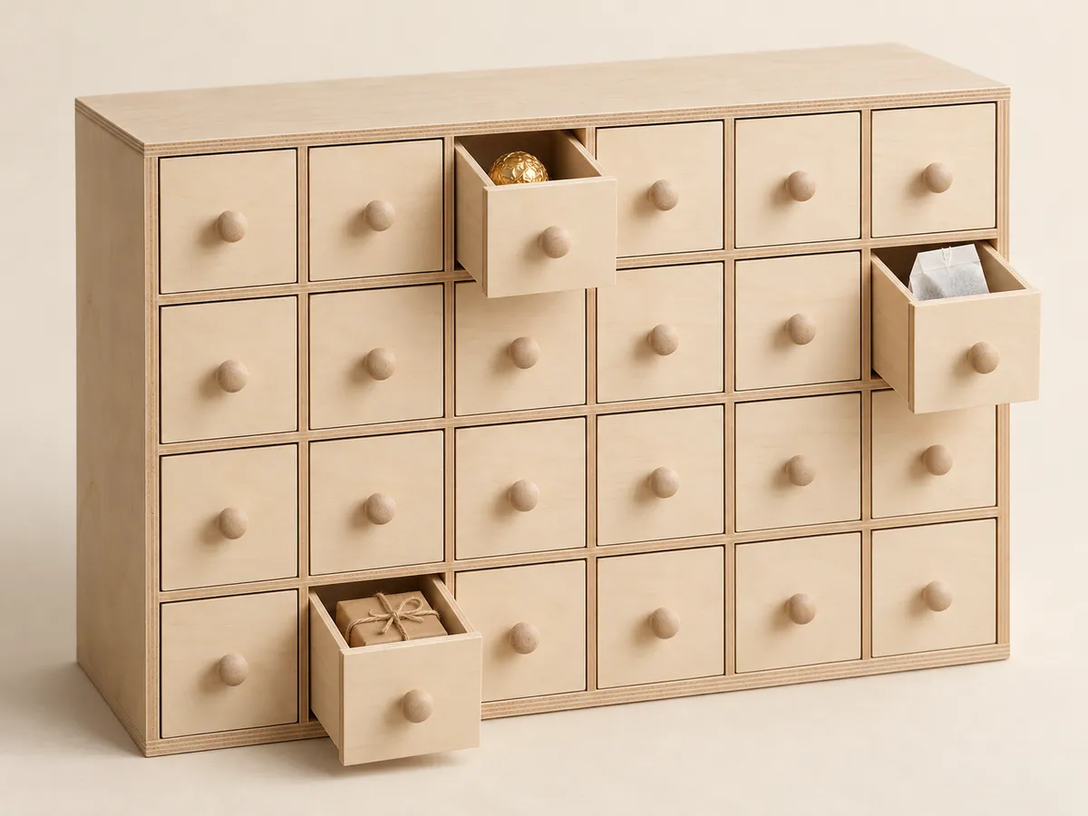 Pale birch advent calendar box with three drawers open, holding a chocolate, a tea sachet and a small gift — AI concept