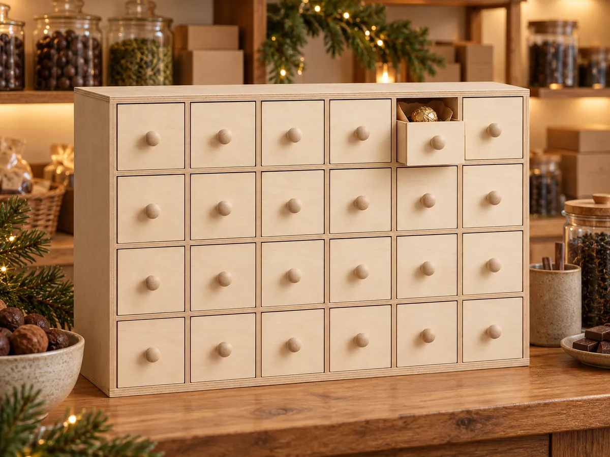 Birch advent calendar box on a shop counter with one drawer open — AI concept