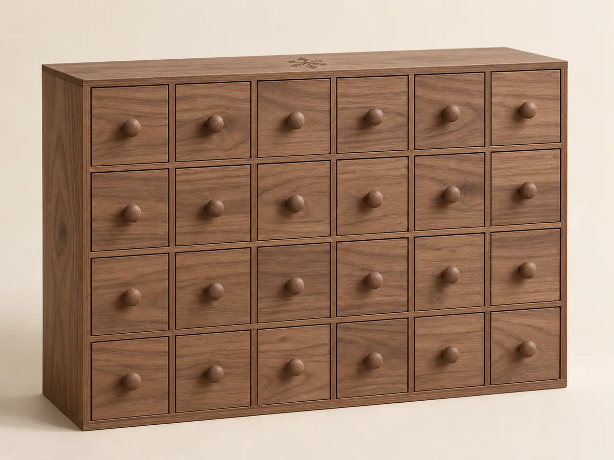 Walnut advent calendar box with twenty-four drawers and a small snowflake engraved on the top — AI concept