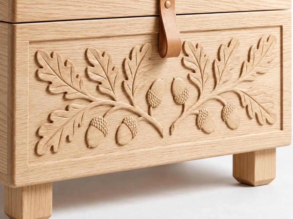 Close-up of carved oak leaves and acorns on the front panel of a pale oak chest — AI concept