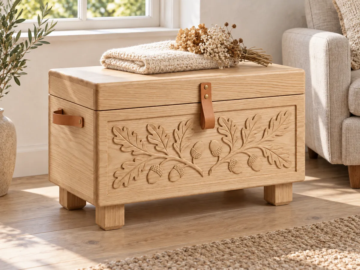 Carved pale oak chest beneath a living-room window with a folded blanket and dried flowers — AI concept