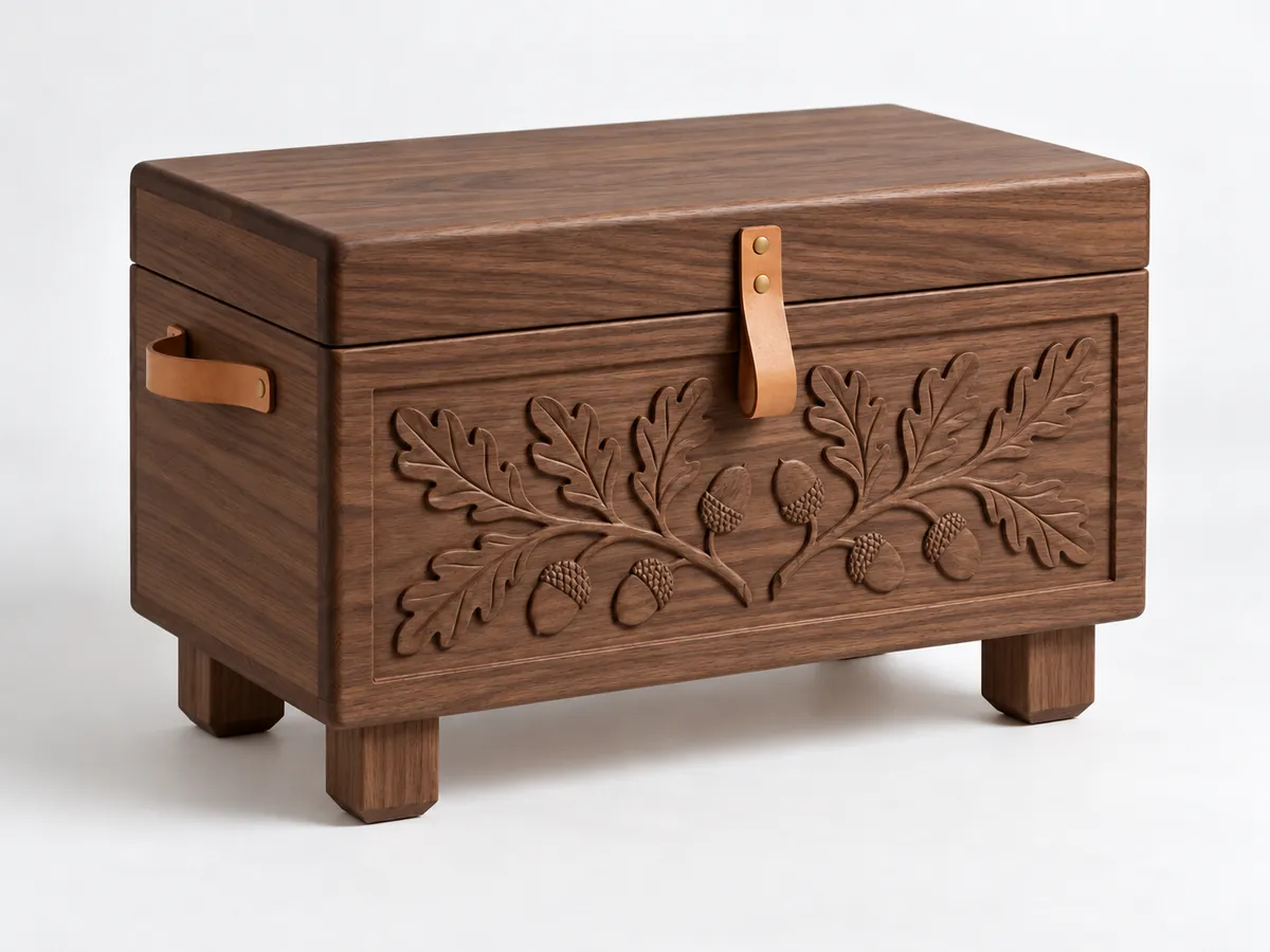 Walnut chest with carved oak leaves and acorns across the front and a tan leather pull — AI concept