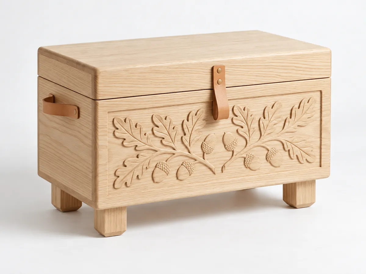 Pale oak chest with carved oak leaves and acorns across the front and a leather pull — AI concept