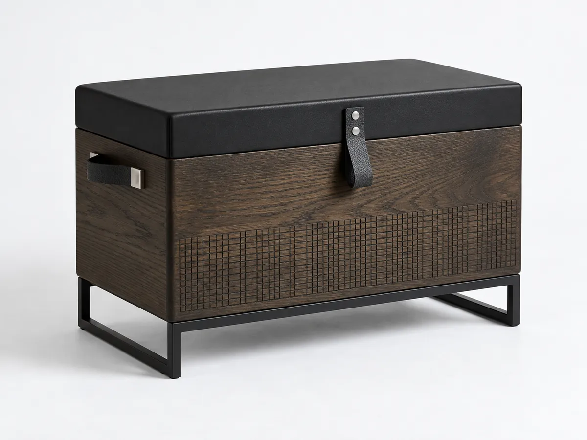 Dark oak storage chest with a black lid and a leather pull on a slim black steel frame — AI concept