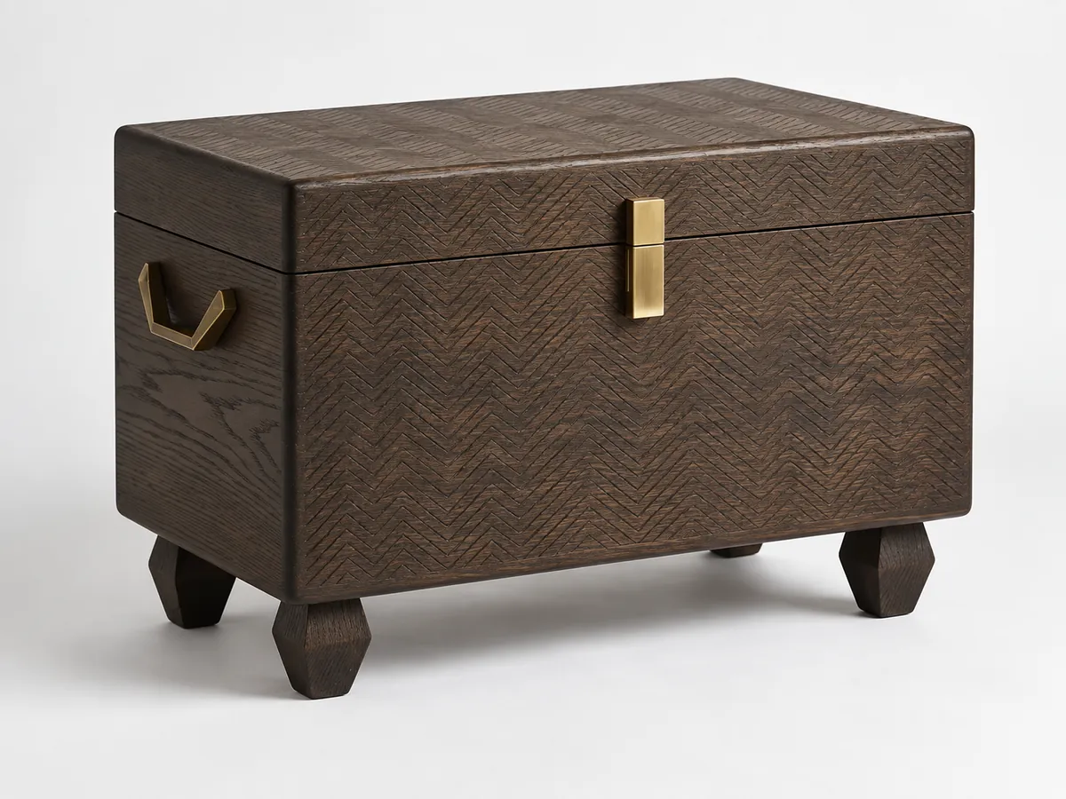 Dark oak chest with a herringbone-textured surface, brass latch, brass handles and faceted feet — AI concept
