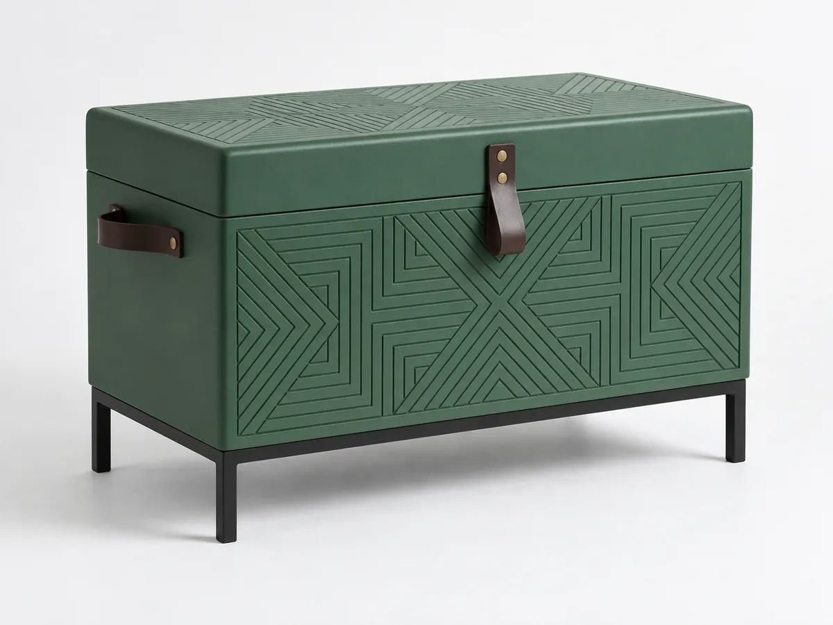 Matt green painted chest with a carved geometric pattern on a slim black steel base — AI concept