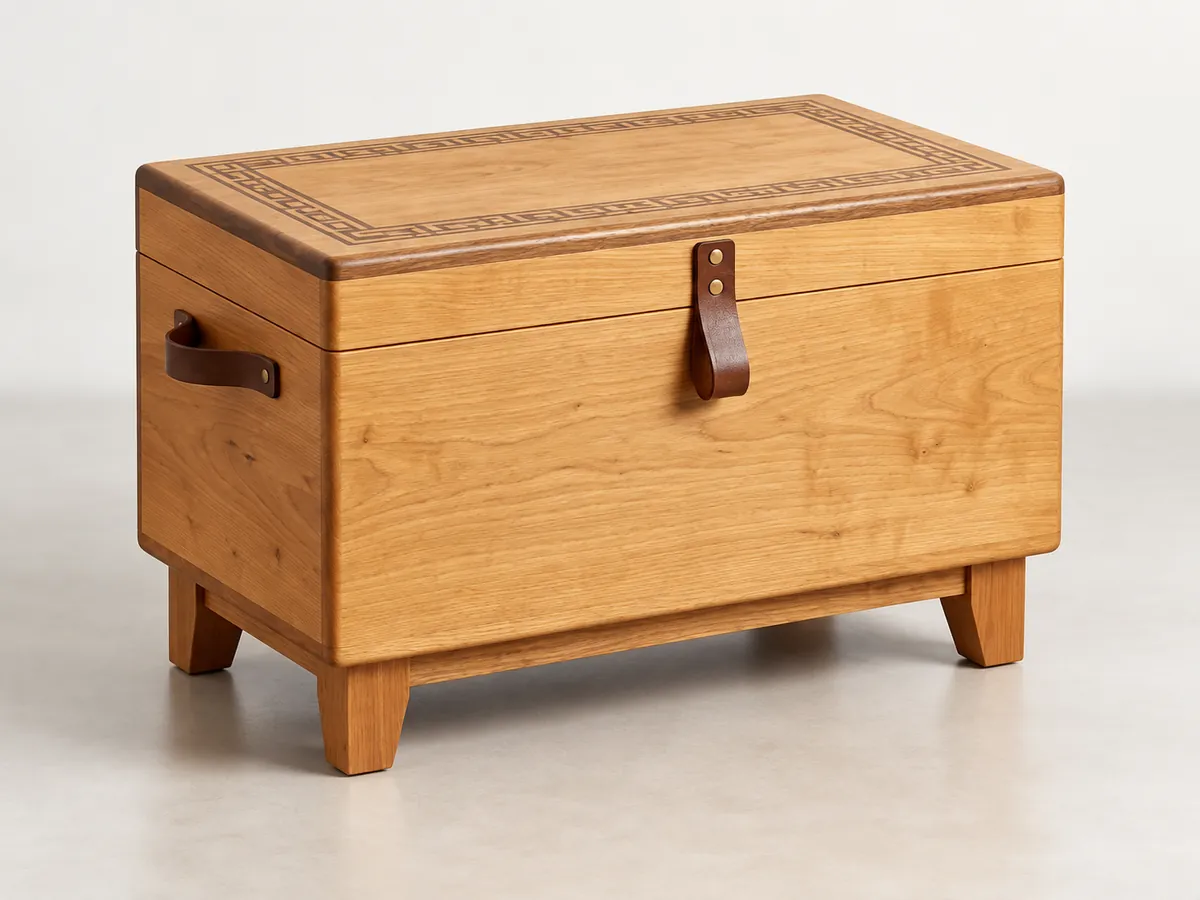 Solid oak chest with a patterned border on the lid, a leather pull and short tapered feet — AI concept