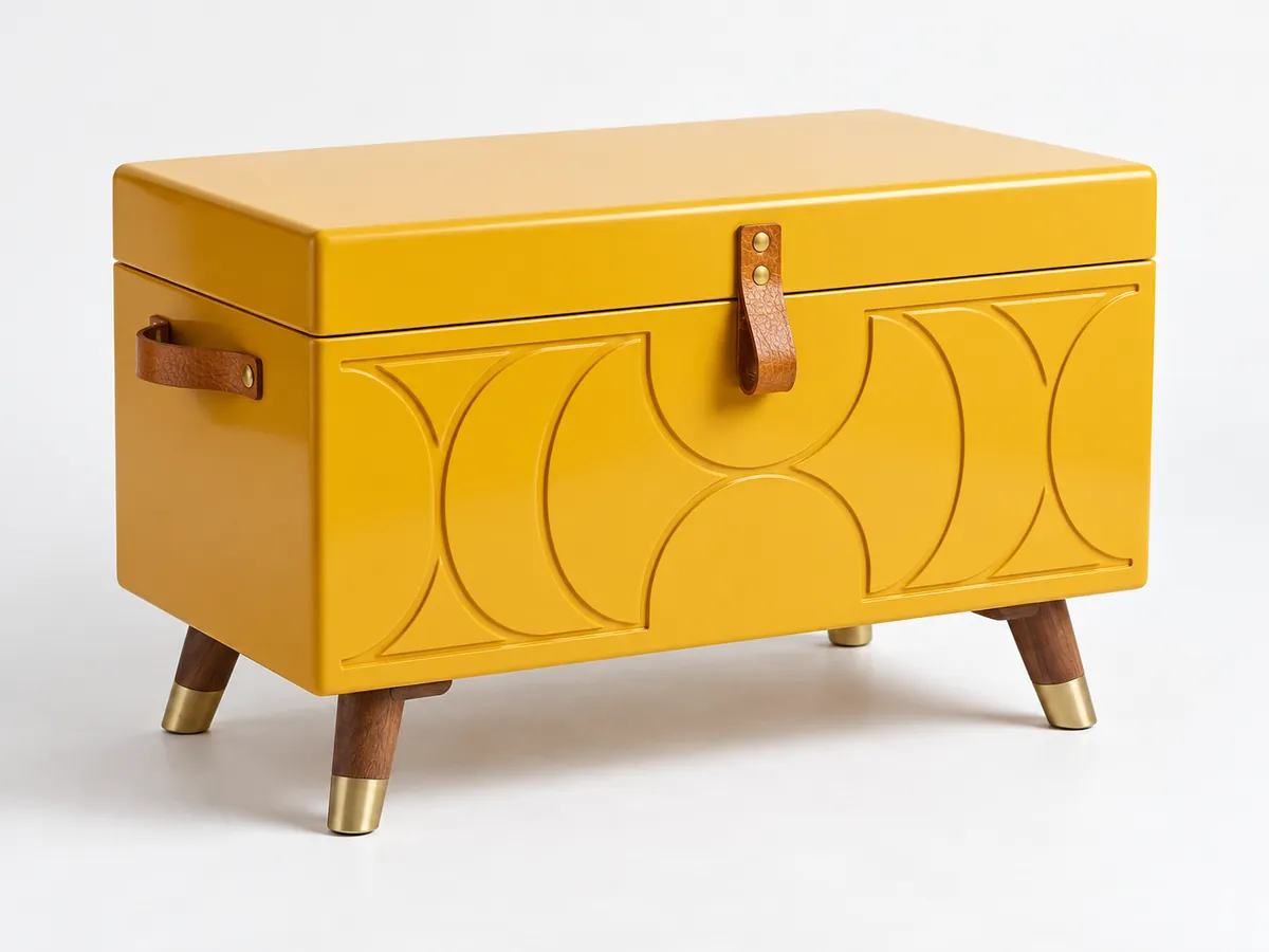 Sunflower-yellow painted chest with a routed arch pattern on splayed brass-tipped legs — AI concept