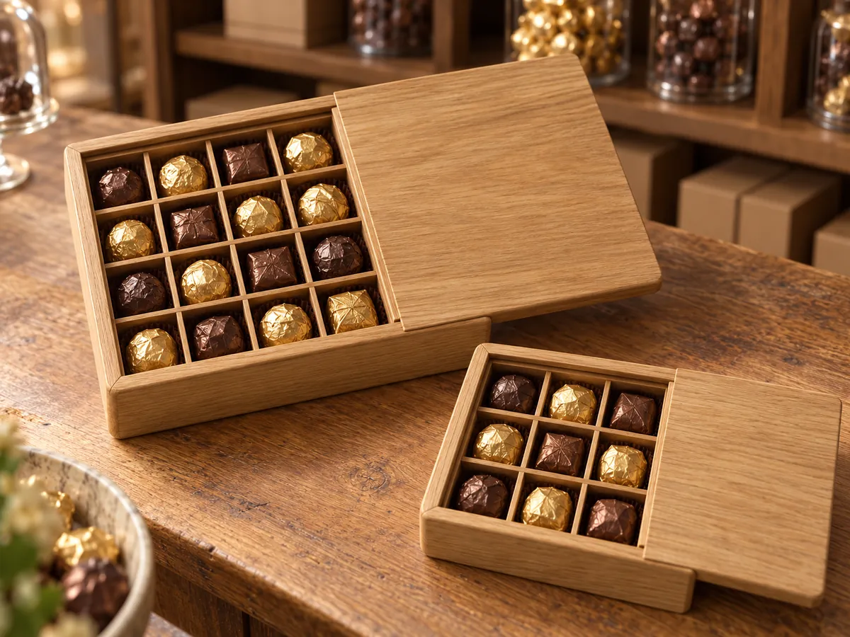 Two oak chocolate boxes, sixteen-cell and nine-cell, holding individually wrapped chocolates on a shop counter — AI concept