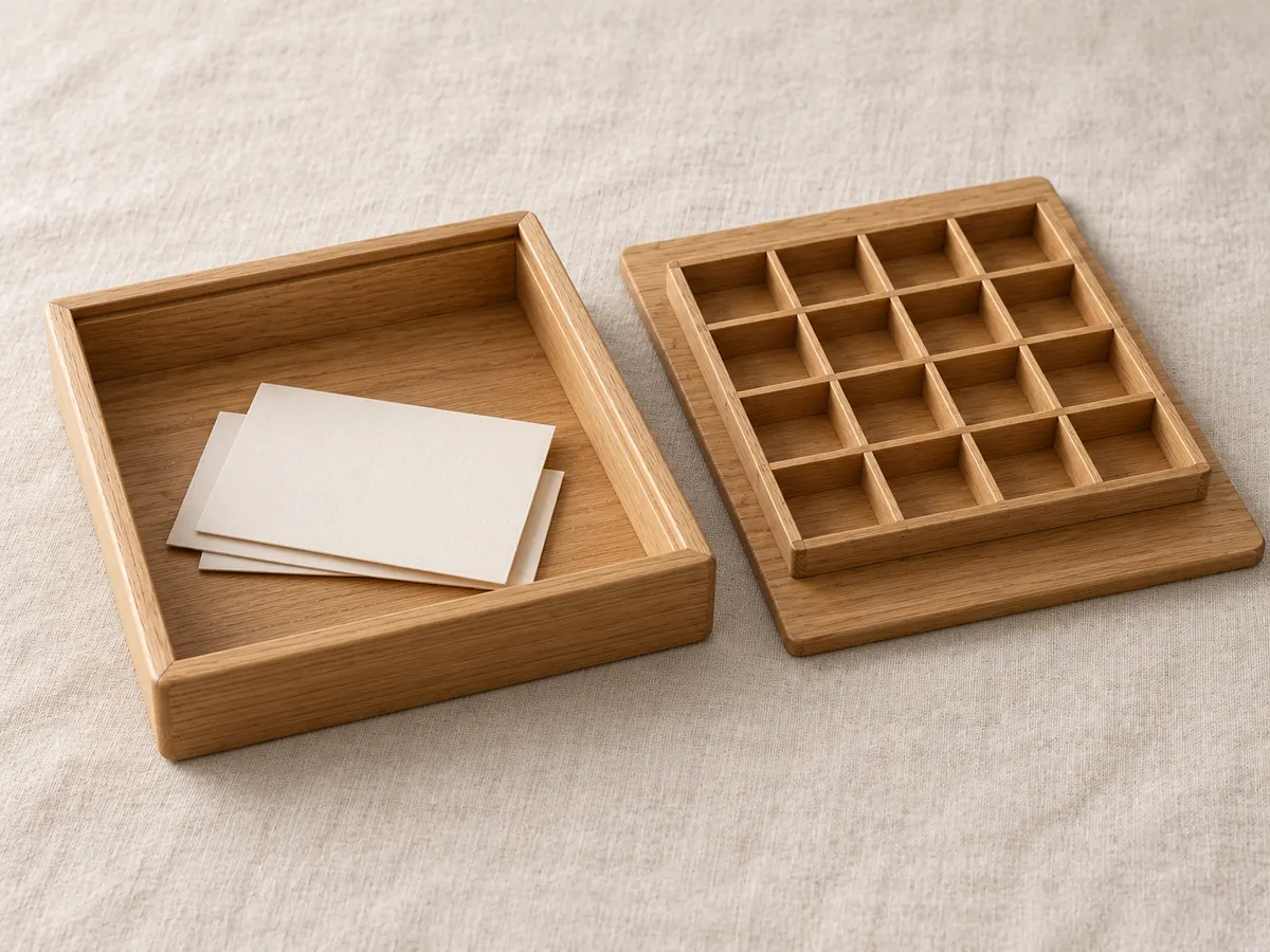 Empty oak chocolate box with its wooden divider grid lifted out and the sliding lid beside it — AI concept