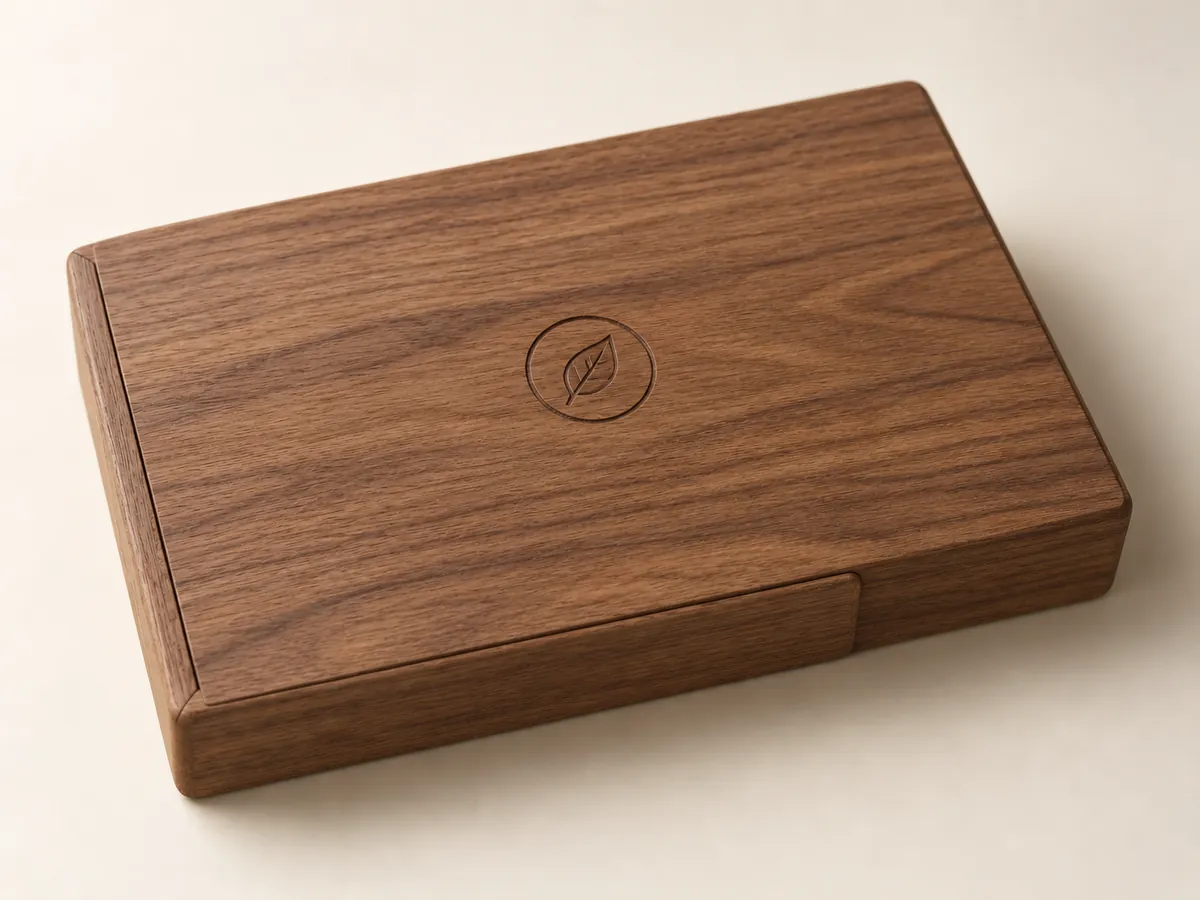 Walnut chocolate box with a closed sliding lid and a small engraved leaf mark — AI concept