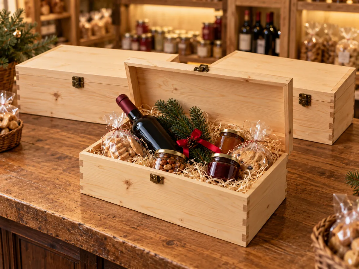 Three pine hamper chests on a delicatessen counter, one open with a bottle and jars — AI concept