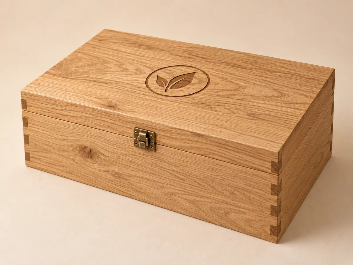 Closed oak hamper chest with a simple engraved mark on the lid and no Christmas decoration — AI concept