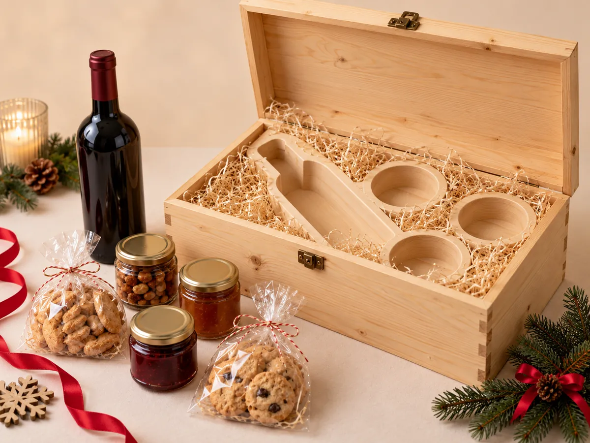 Open pine hamper chest with a fitted insert for a bottle and small jars, contents set beside it — AI concept