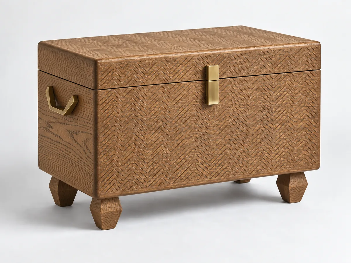 Mid-brown stained oak chest with a herringbone texture, brass latch and brass side handles — AI concept
