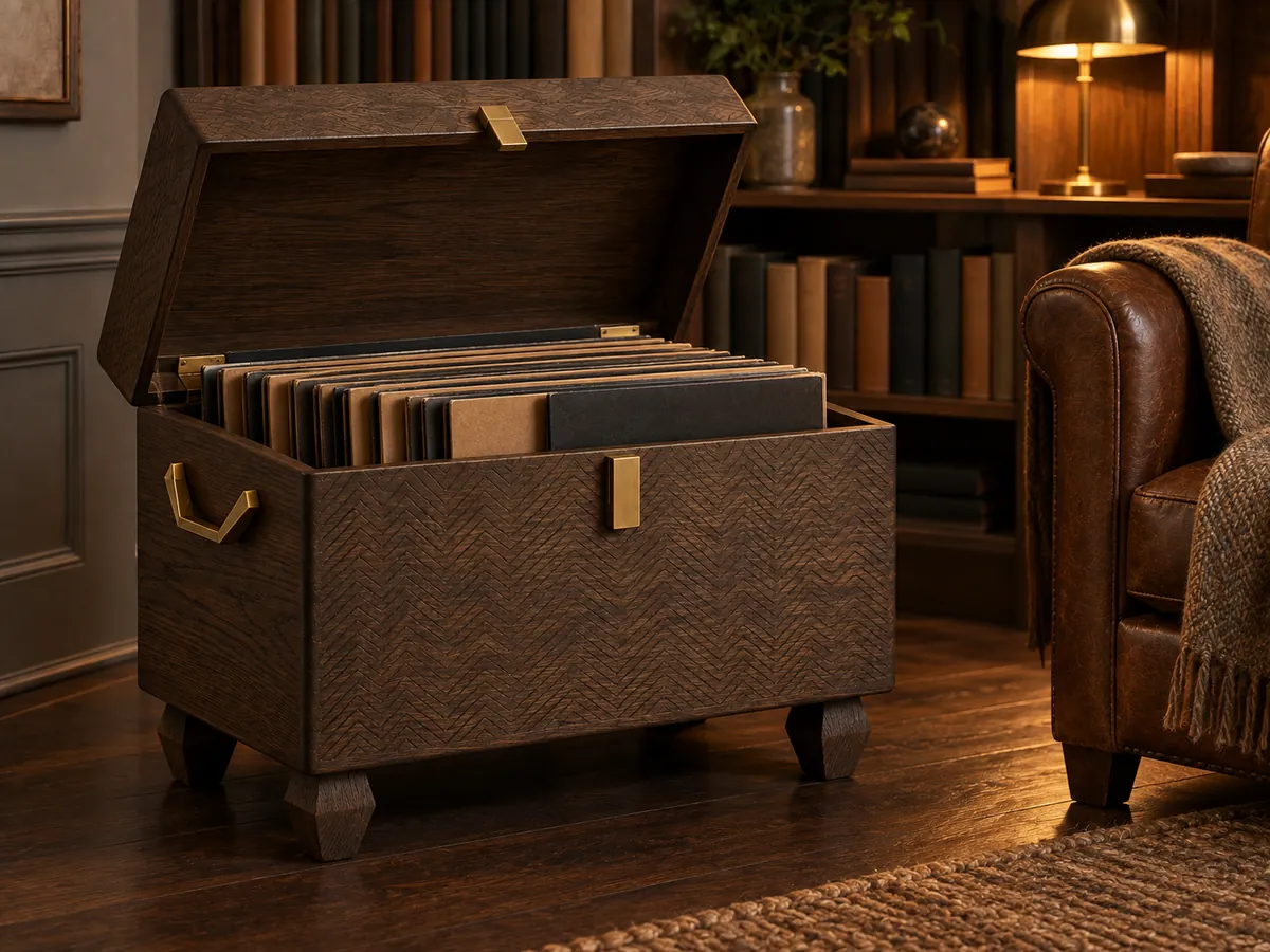 Open dark oak chest with a herringbone texture holding vinyl records upright in a home study — AI concept