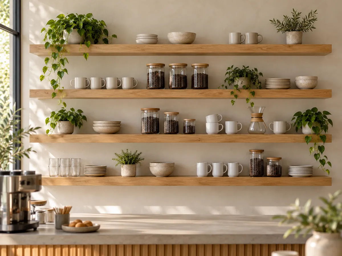 Four long oak floating shelves with cups, jars and plants on a café wall above a counter — AI concept