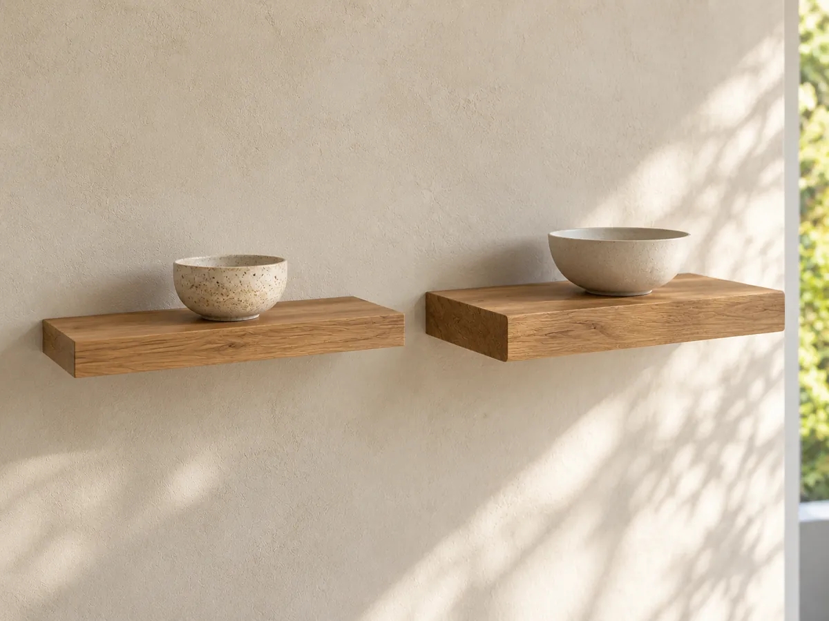 Two oak floating shelves side by side, one shallow with a square edge and one deeper with a rounded edge — AI concept