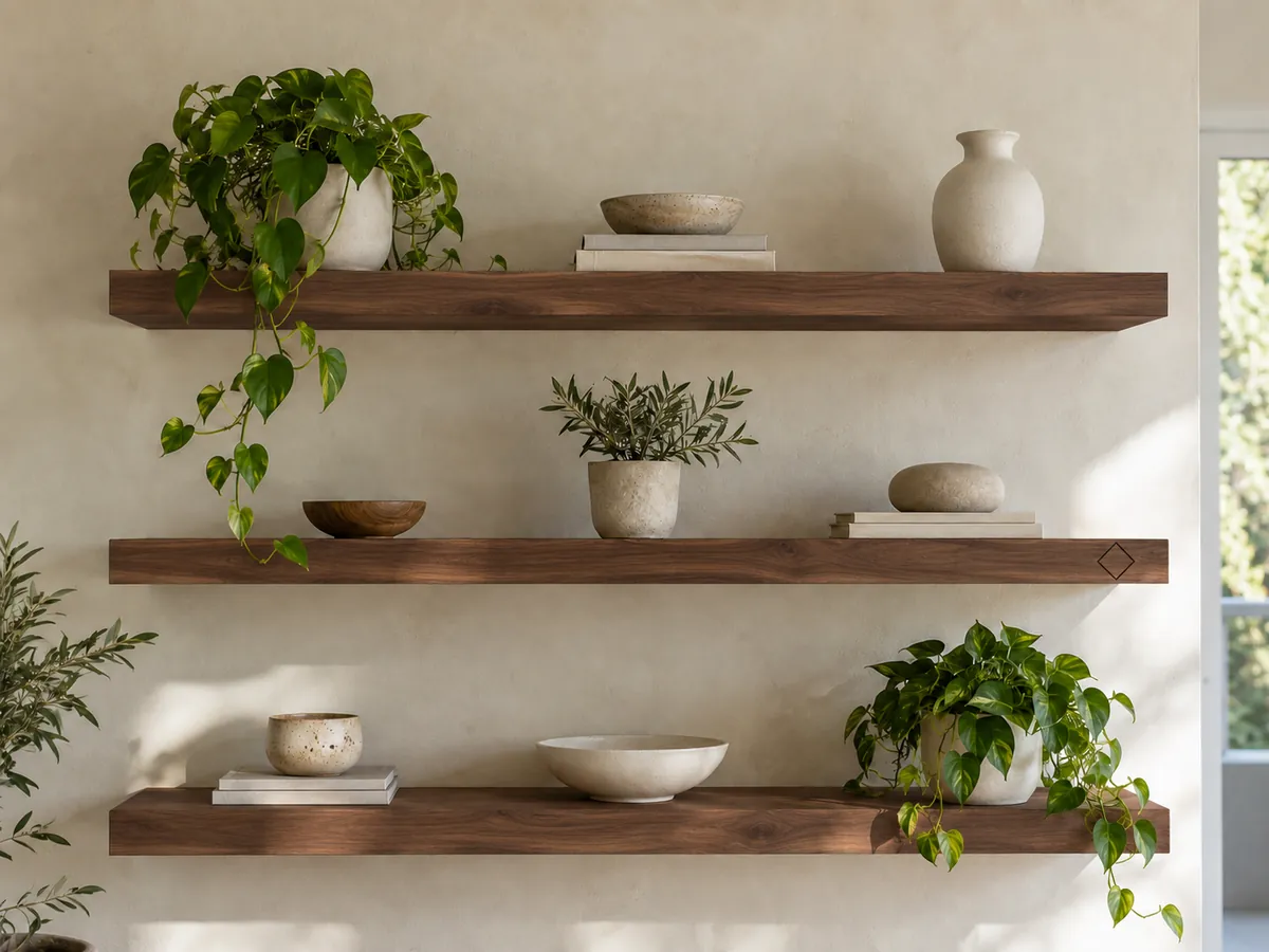 Three walnut floating shelves with ceramics and plants on a plaster wall, a small engraved mark on the middle shelf edge — AI concept