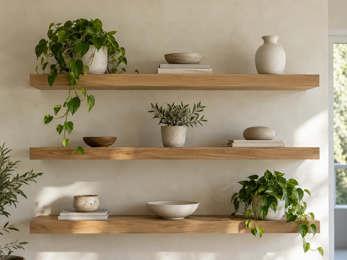 Three floating oak shelves on a plaster wall — AI concept