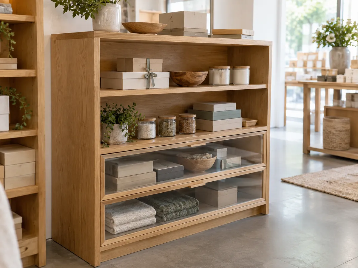 Oak shop display with open shelves and glass-front drawers — AI concept