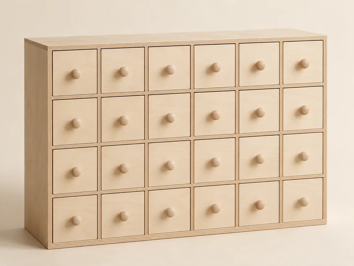 Birch advent calendar box with twenty-four small drawers — AI concept