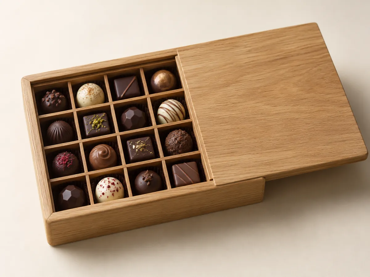 Oak chocolate box with a sliding lid and a sixteen-piece divider — AI concept