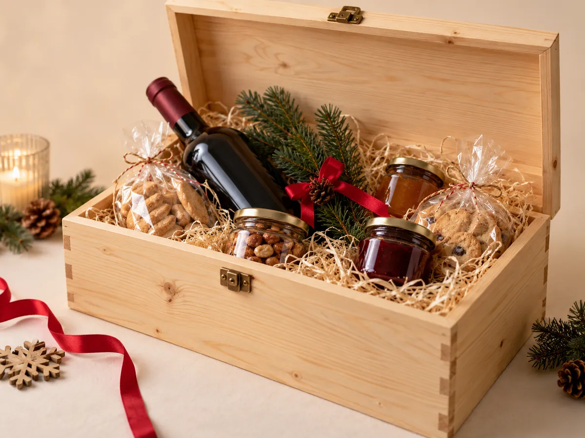 Pine Christmas hamper chest with a bottle, jars and biscuits — AI concept