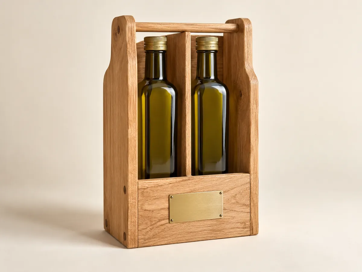 Oak carrier for two olive oil bottles with a blank brass plate — AI concept