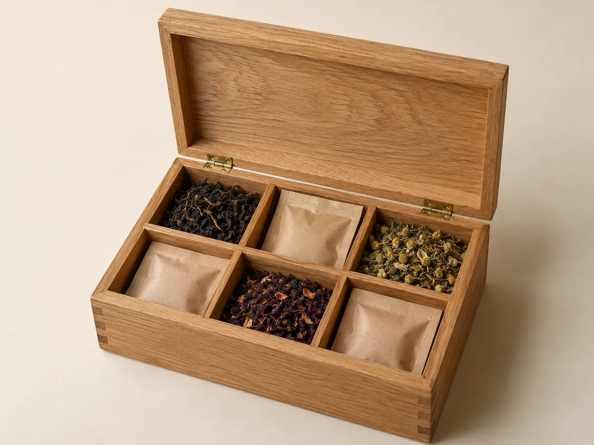 Oak tea chest with six compartments — AI concept