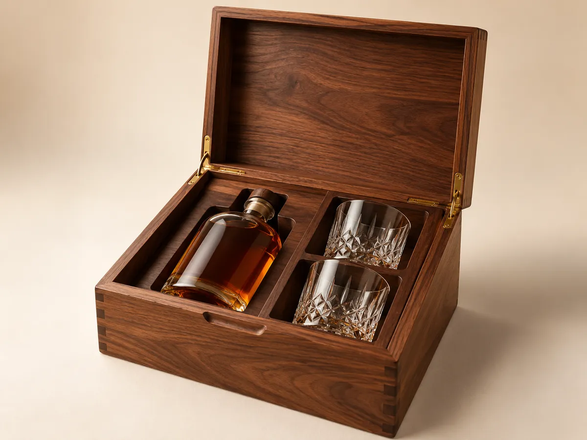 Walnut whisky chest with a fitted insert for a bottle and two glasses — AI concept