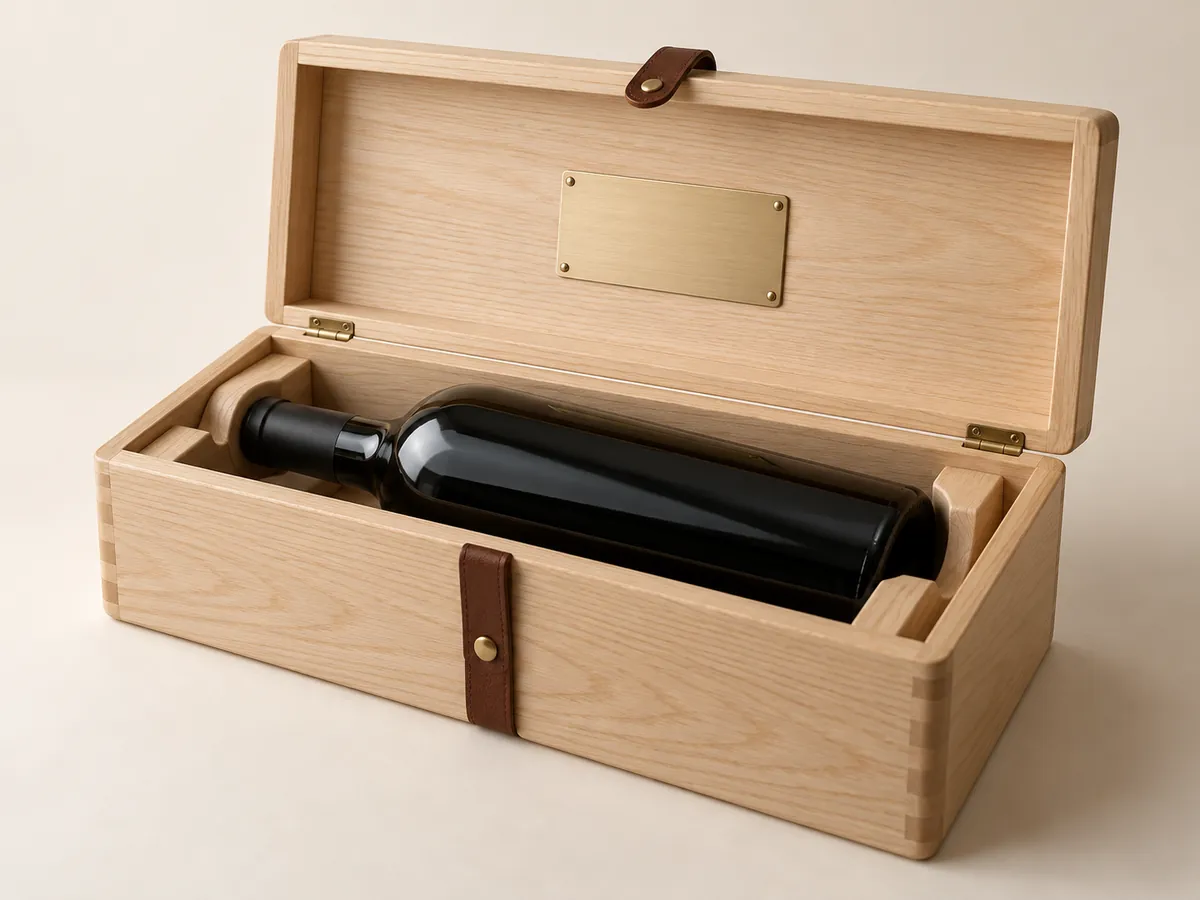 Ash single-bottle wine box with a leather strap and a blank brass plate — AI concept