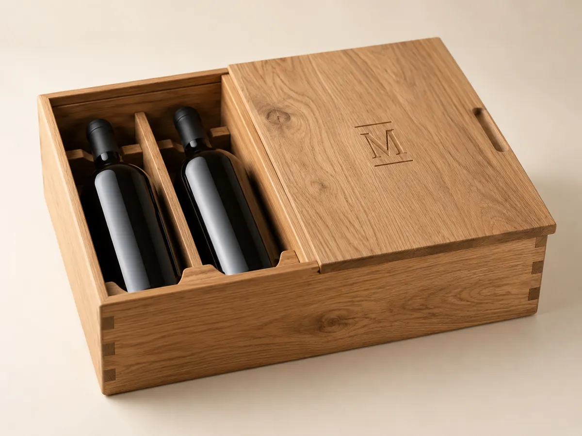 Oak two-bottle wine box with a sliding lid and an engraved monogram — AI concept