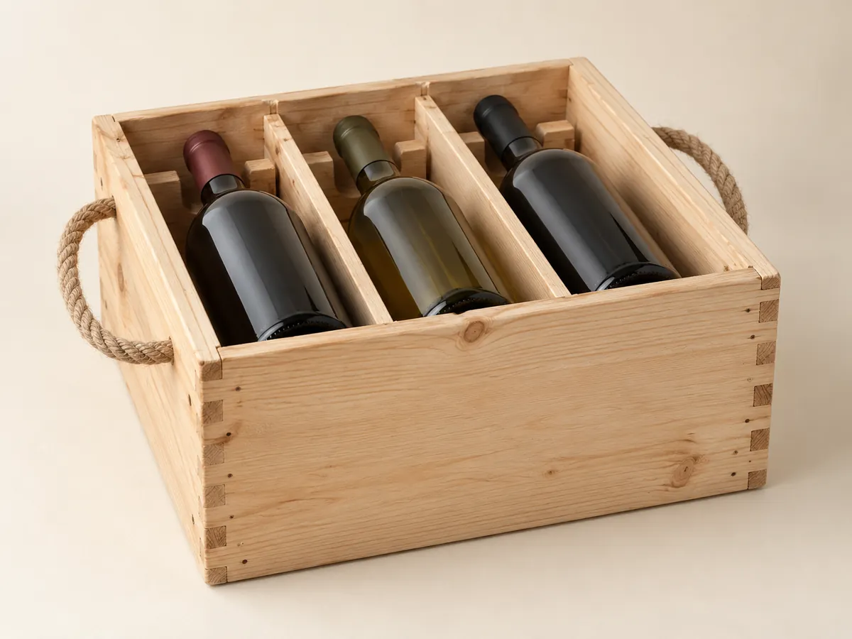 Pine three-bottle wine crate with rope handles — AI concept