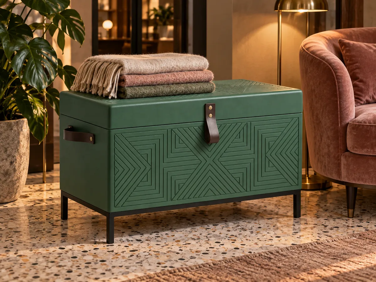 Matt green geometric-pattern chest on a steel base in a boutique hotel lounge beside a velvet armchair — AI concept