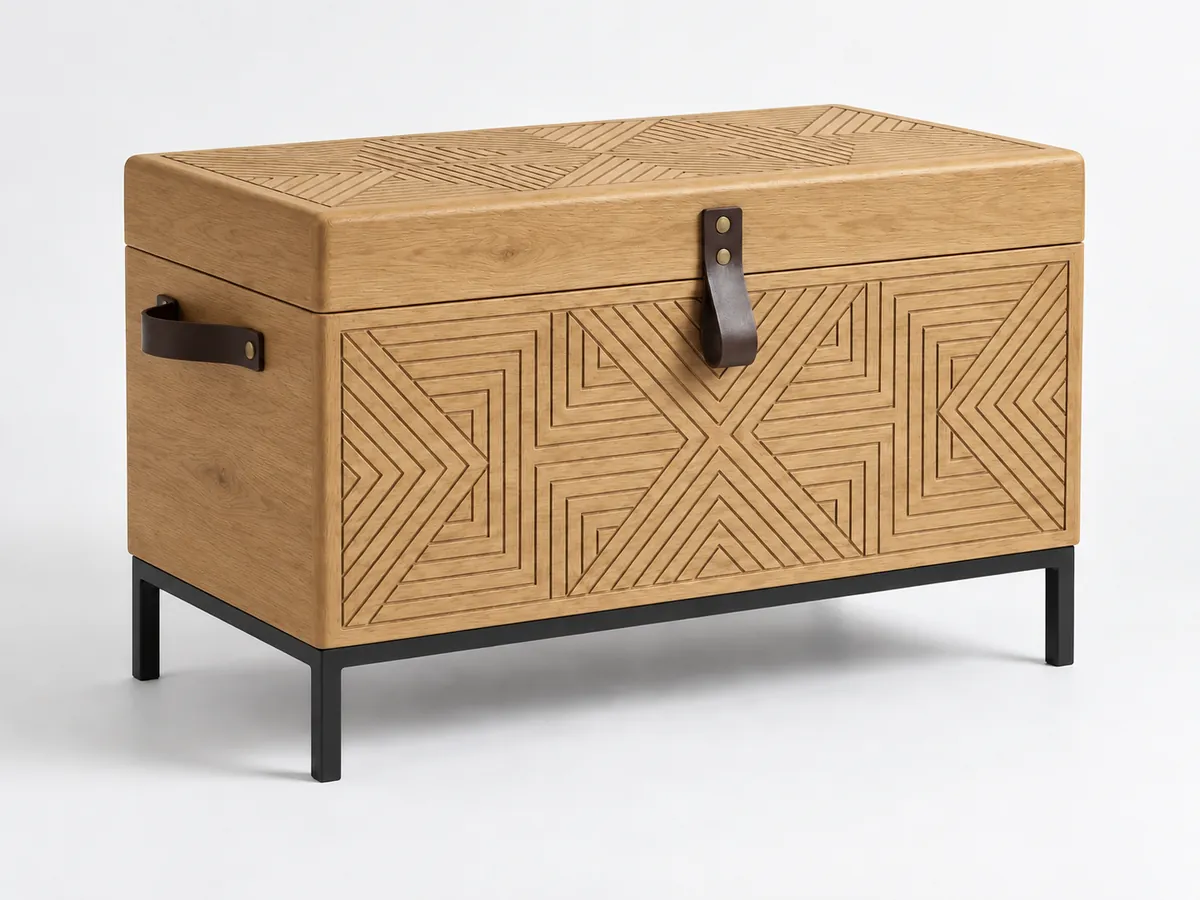 Natural oak chest with a geometric line pattern on the front and lid on a slim black steel base — AI concept