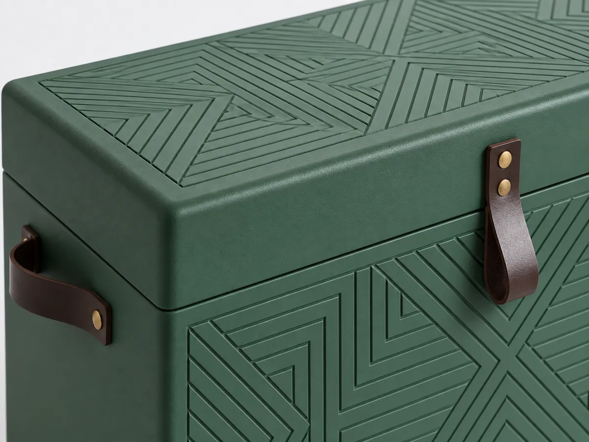 Close-up of the lid edge of a matt green chest where geometric cut lines on the lid and front meet — AI concept
