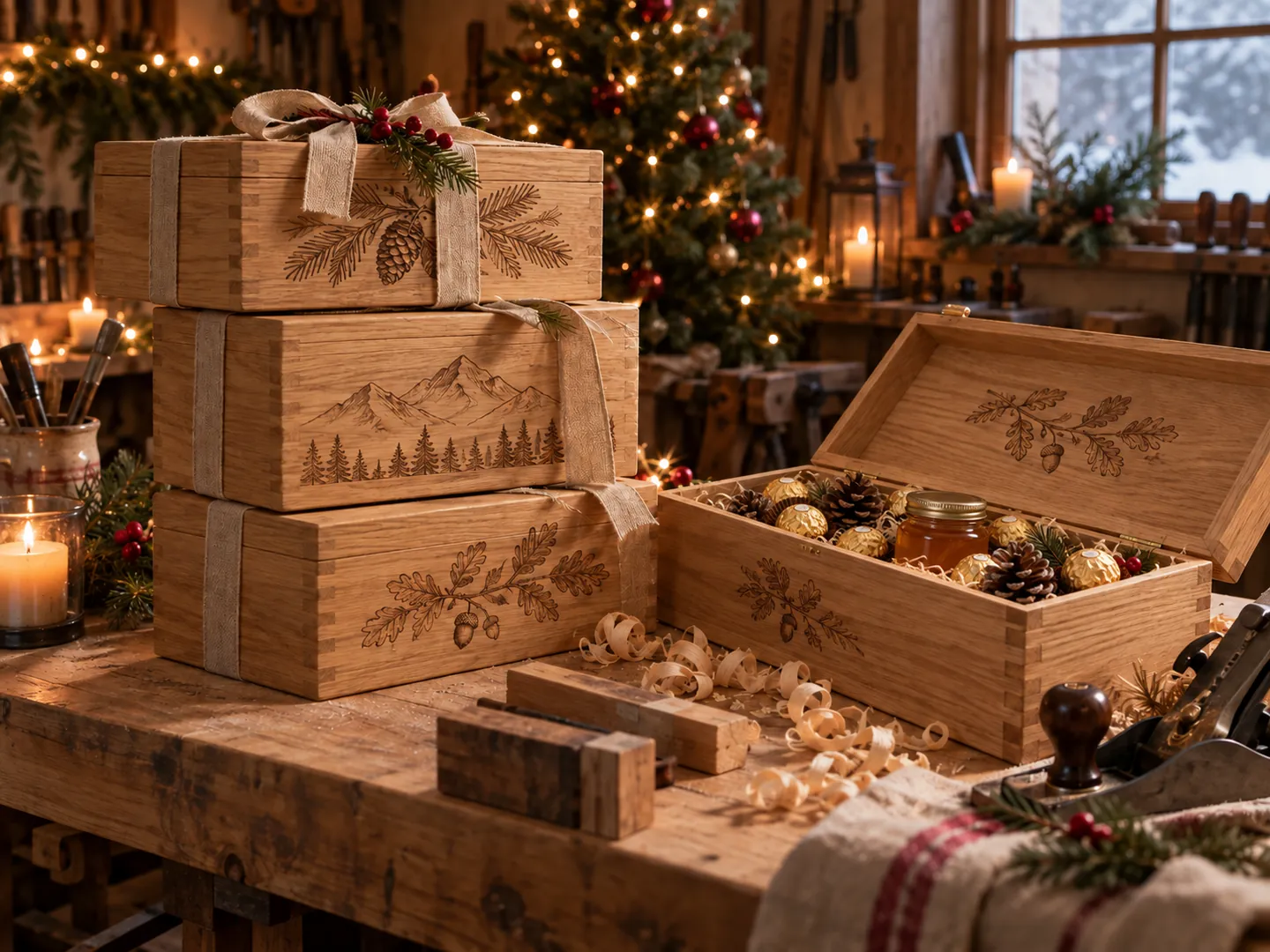 Engraved oak gift boxes, one open with chocolates and honey, on a workbench decorated for Christmas — AI concept